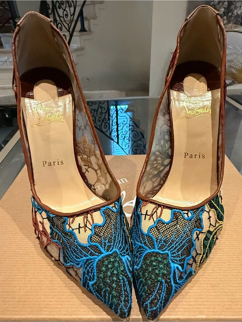 Christian Louboutin Blue and Green Embroidered Pointed Toe Pumps - Picture 1 of 8